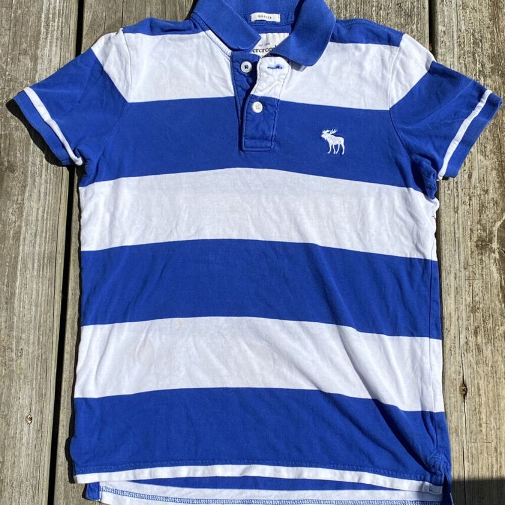 Abercrombie Kids Blue White Striped Muscle Polo Short Sleeve Shirt Boys Large L